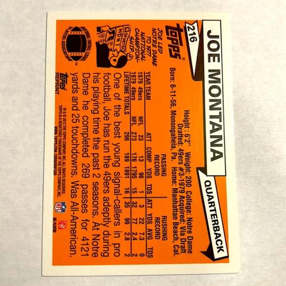 NFL- Topps Joe Montana QB Football Card - Picture 2 of 2